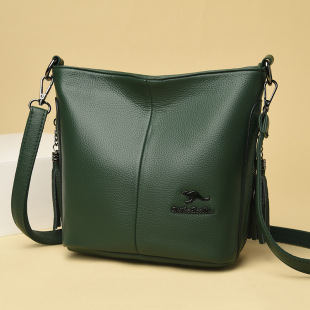 Kangaroo Genuine Leather Tassel Bucket Bag 2024 New Women's Cross-Body Shoulder Bag Fashionable Small Splicing Elegant Women's Bag