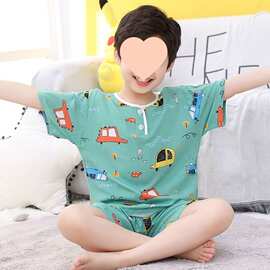 夏季短袖短裤儿童睡衣套装绵绸棉绸男童女童小孩子宝宝薄款家居服