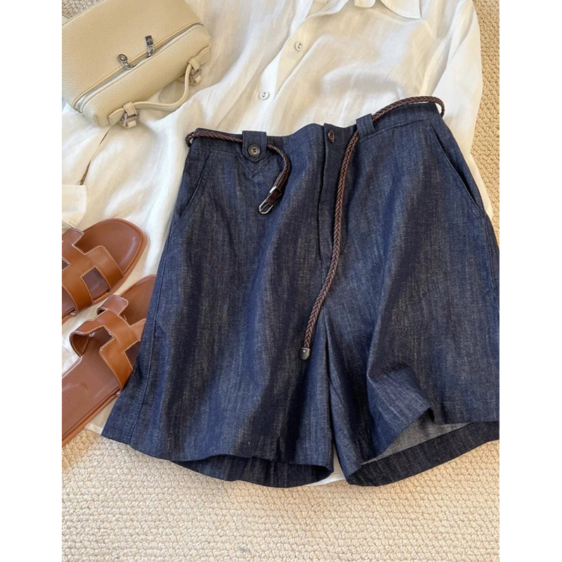 God pants, addictive somatosensory!!! dark blue Linen Jeans Women's High Waist Wide Leg Cotton Linen Shorts