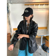 黄峥 韩系高级感黑色皮衣西装外套女秋冬宽松机车夹克530834