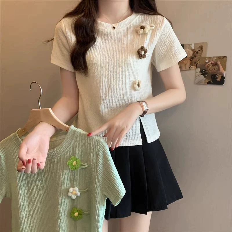 Короткая маленькая футболка с короткими рукавами женская 2024 новая корейская летняя трехмерная цветочная топ