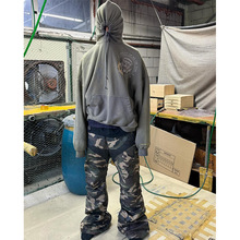 Grailz巴黎风机车微喇刷蜡拼接迷彩裤男潮牌膝盖褶皱美式工装裤子