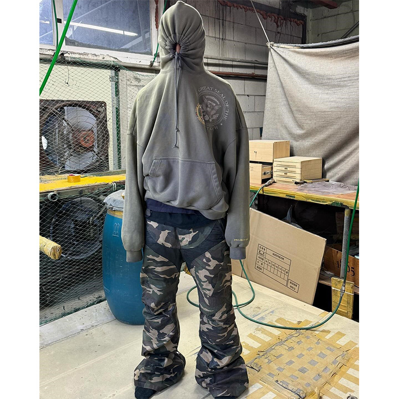 Grailz巴黎风机车微喇刷蜡拼接迷彩裤男潮牌膝盖褶皱美式工装裤子