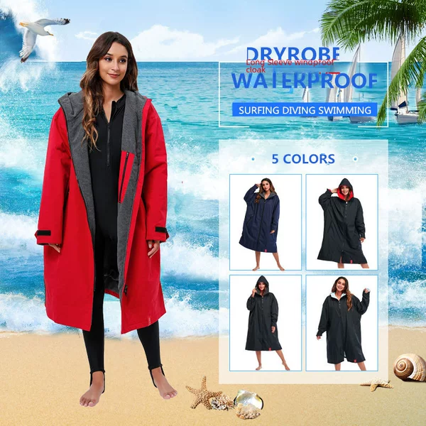 Sportfun Long-Sleeved Water-Repellent Hooded Fleece-Lined Outdoor Water-Absorbent Warm Poncho for Diving, Surfing, Winter Swimming, Quick-Drying