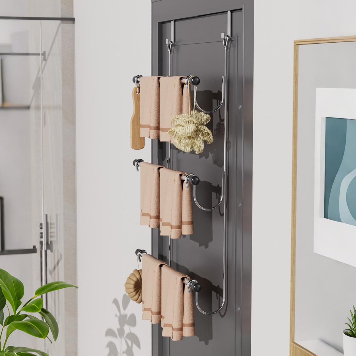 Galvanoplastia transfronteriza de tres capas puerta trasera gancho puerta de baño tipo espalda percha de toallas de baño sin marcas perforación percha de toallas