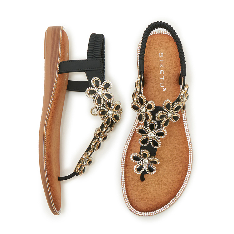 Dép sandal nữ xỏ ngón đế bệt đính hoa kim cương mềm chống trượt — màu đen, màu mơ chi tiết 25