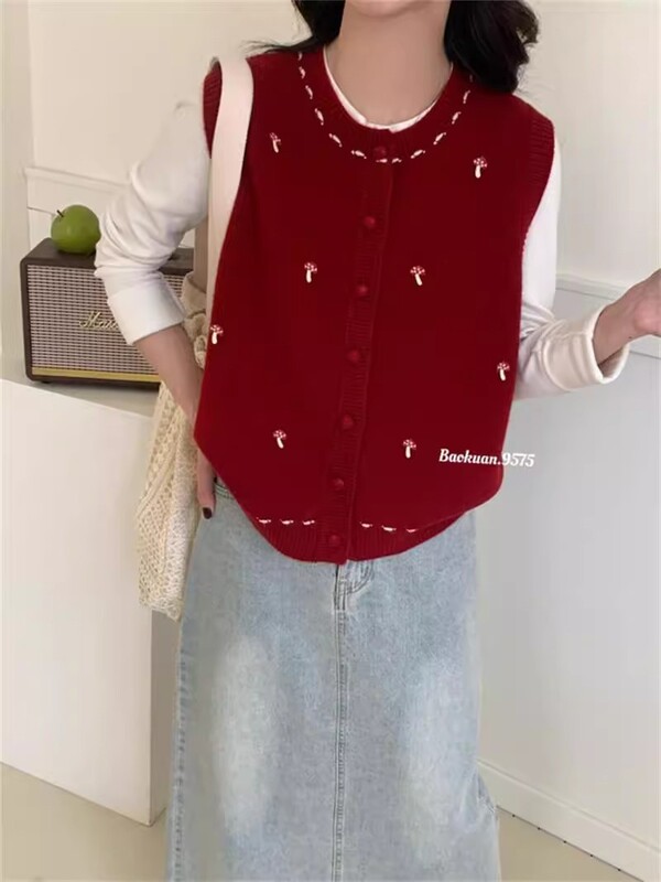 韩系蘑菇刺绣针织开衫背心女2025春秋新款宽松百搭毛衣马甲坎肩潮|undefined
