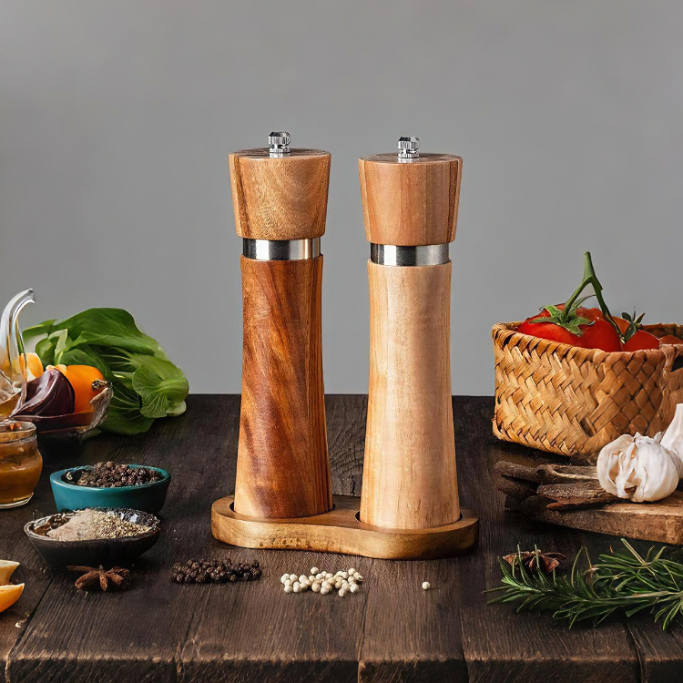 Acacia Wood Stainless Steel Ring Pepper Grinder Manual Solid Wood Pepper Mill Black Pepper Sichuan Pepper Sea Salt Seasoning Bottle