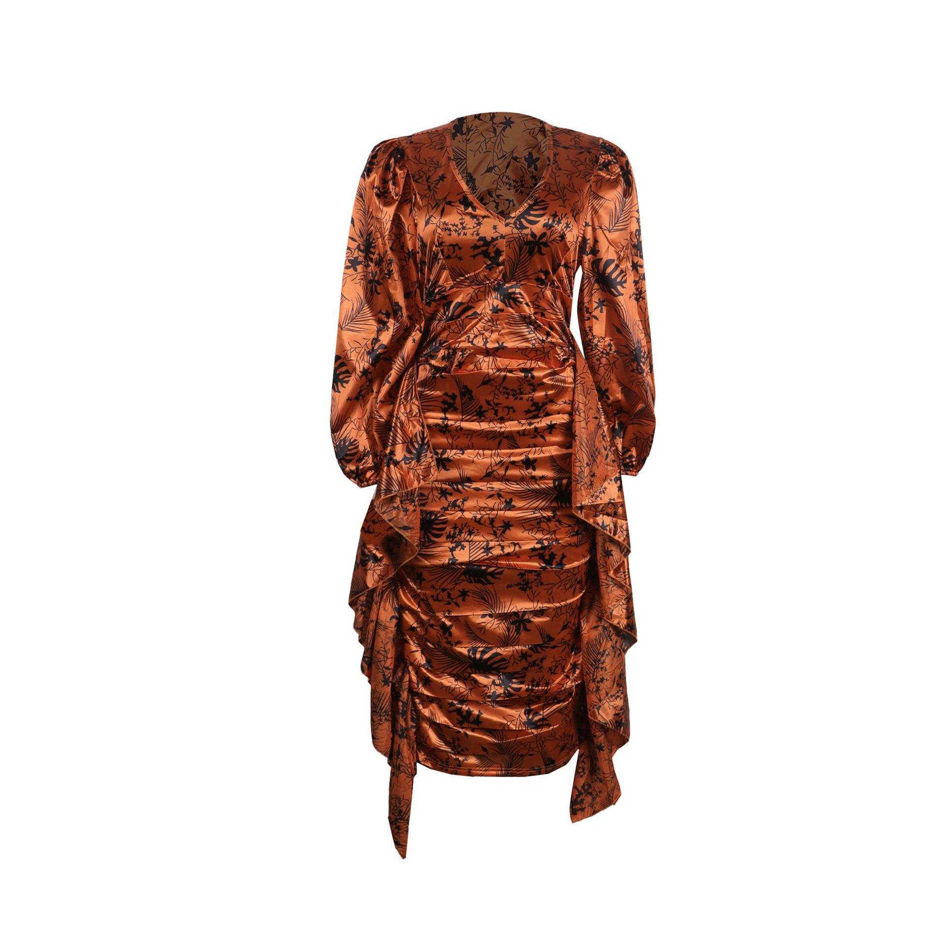 Women's Clothing Sexy Printed Ruffled Lantern Sleeve Hip Hugging Slim Fit Long Sleeve Dress_voghion.com