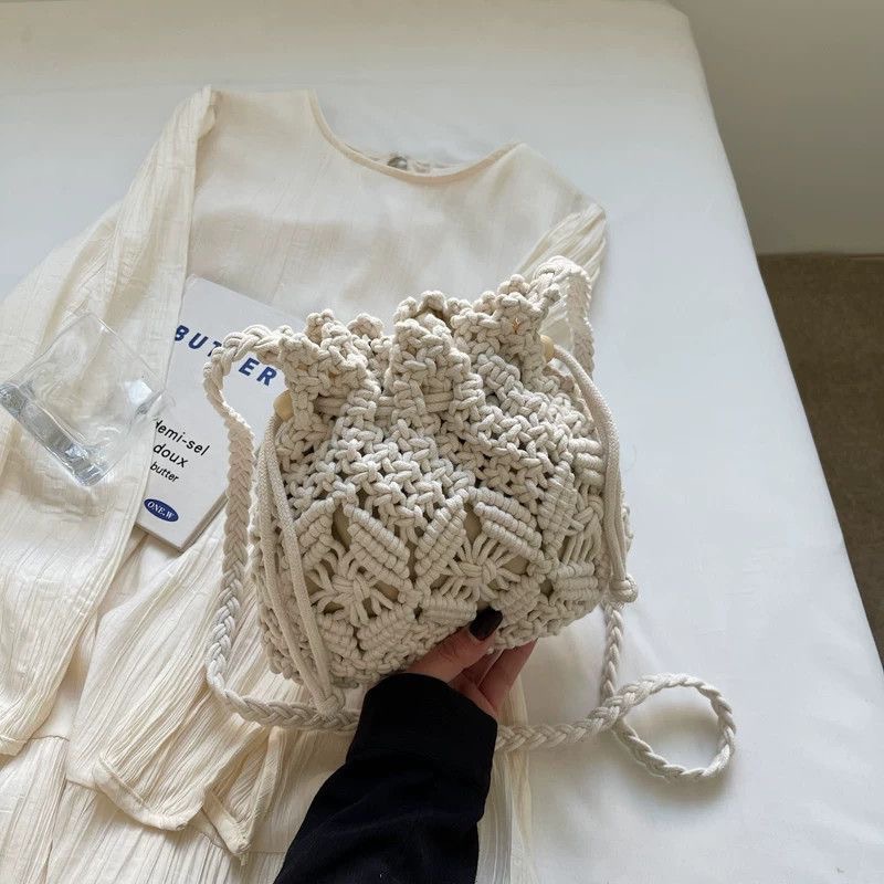 Women's Crossbody Woven Bag - New Fashion Niche Design Hollow-Out Bucket Bag, Beach Vacation Style - Thumbnail 7