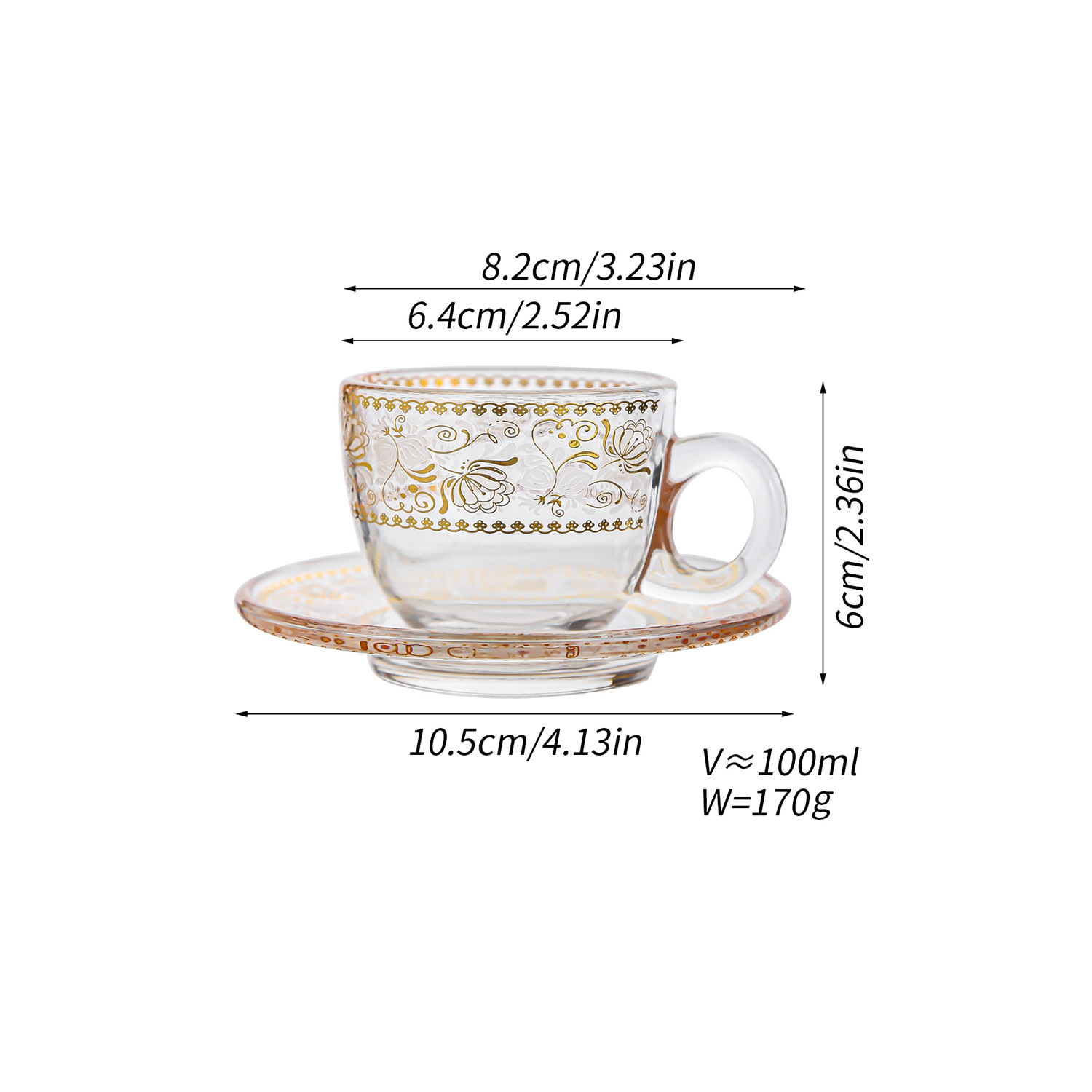 Taza y platillo de café con traza de oro transparente nórdico transfronterizo, taza de agua exquisita para el hogar, taza de café con leche, juego de taza de té de vidrio