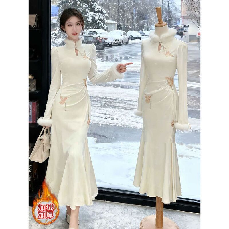 New Chinese Style Retro Fur Splicing Improved Cheongsam to Attend Important Occasions Beautiful Dress 2025 Winter