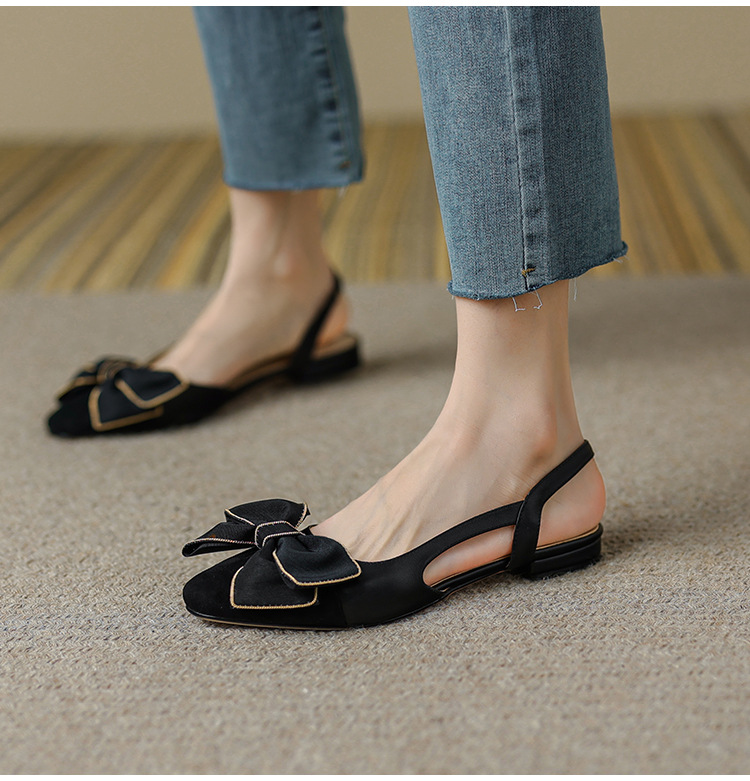 Sandal nữ bít mũi đế bệt phong cách cổ điển nơ phối màu — Màu đen chi tiết 13