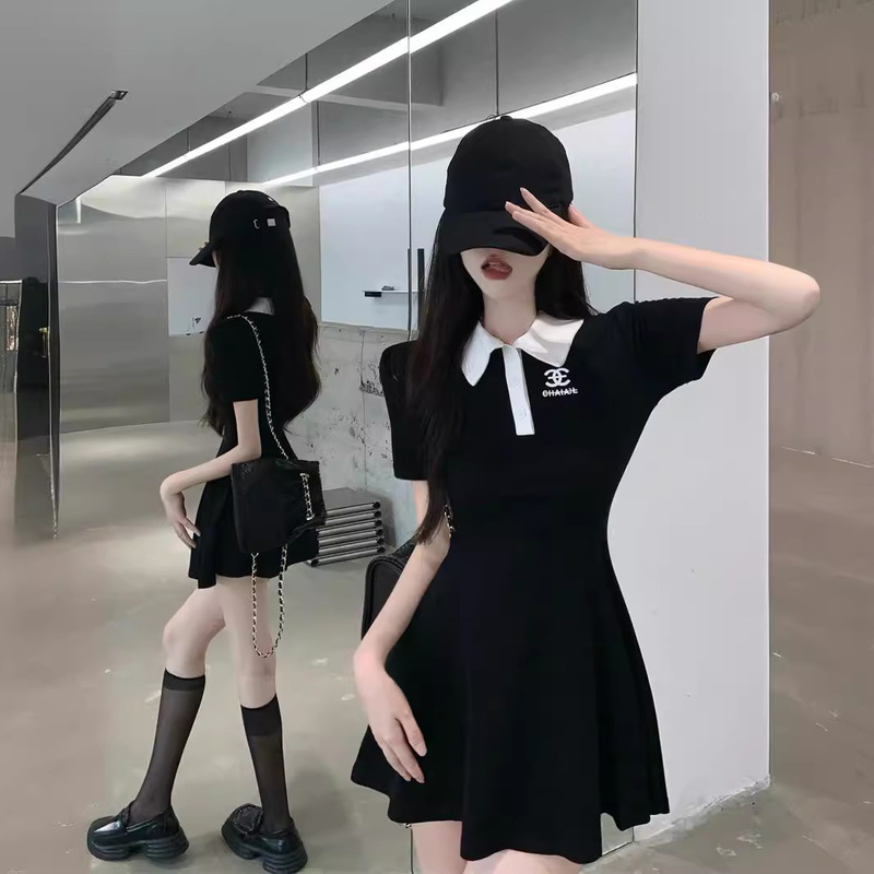 Sports Casual Dress 2022 Women's Summer Tight Waist Slim-fit polo Collar Short Sleeve Black Skirt Tennis Skirt