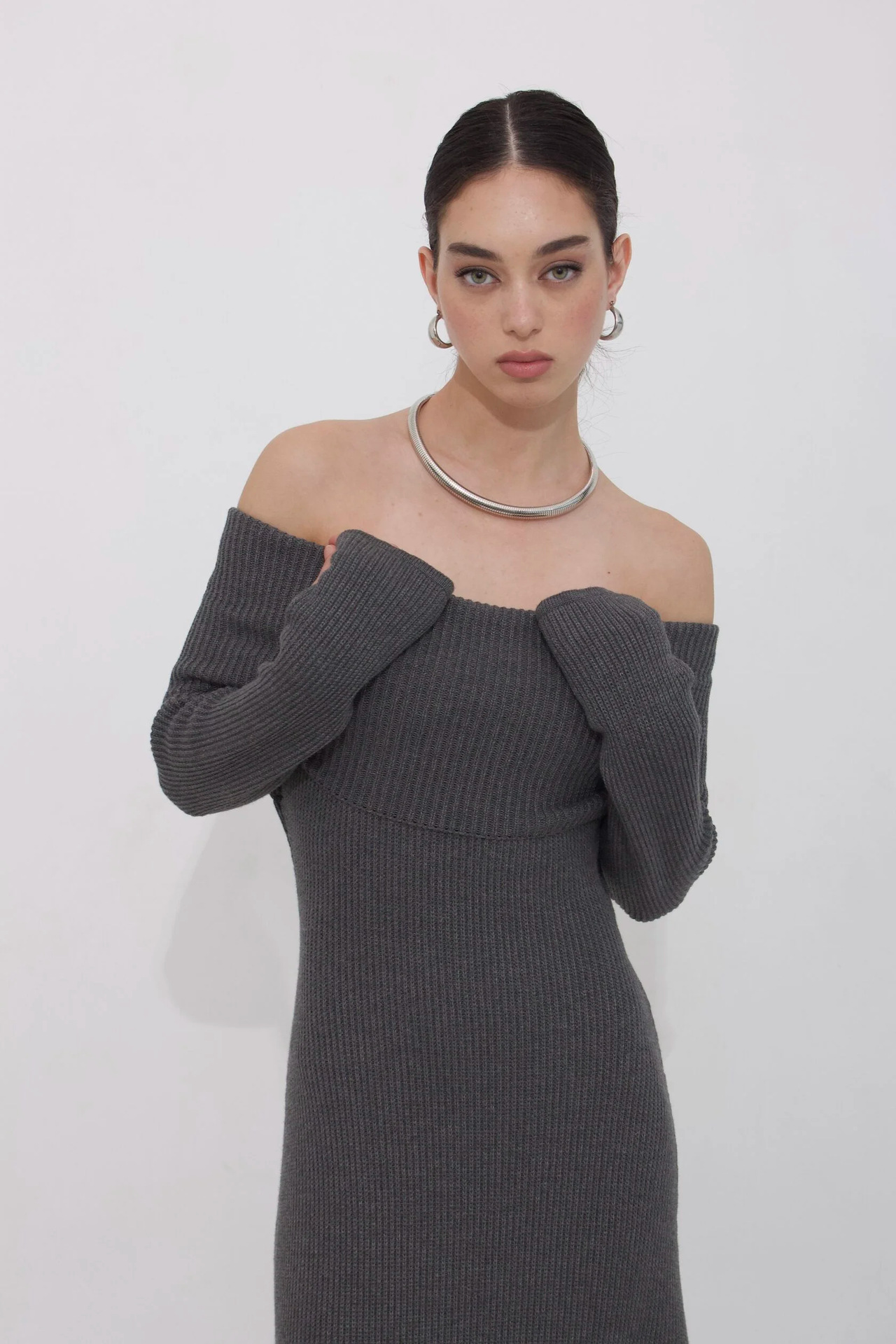 Autumn Winter Women Clothing Elegant off Shoulder Dress Solid Color Formal Dress Length Dress