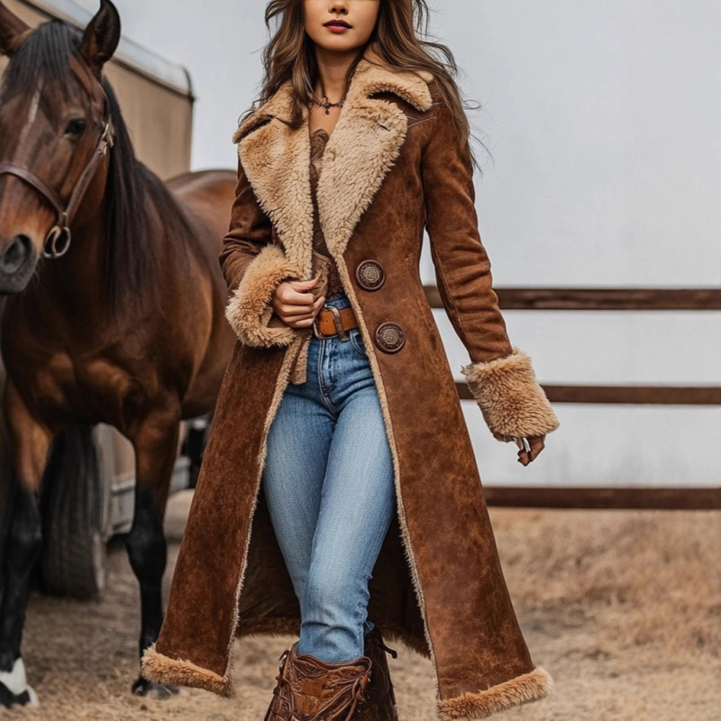 Cross-Border In-Stock European and American Western-Style Women's Trench Coat, Vintage Trench Coat, Plush Autumn and Winter Warm Coat for Women