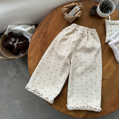 Korean Thickened Pants for Girls 2025 Late Autumn and Winter Children's Versatile Floral Pants Legs Wood Ears Straight Pants