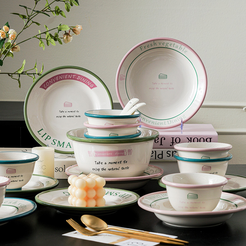 Simple English Cutlery Plate Korean Style Bowl suit Ceramic Household Tableware Rice Bowl Soup Plate Noodle Bowl Plate