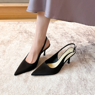 2025 New Style Silks and Satins Pointed Toe High Heels, Stiletto Heels, Shallow Mouth, Hollow Back, Half-Slip Sandals, Plus Fat and Widened 414243