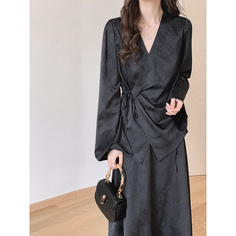 New Chinese Style Design Chinese Style Satin Two-Piece Long Skirt Women's Spring Slimming Long-Sleeved Black Dress Women