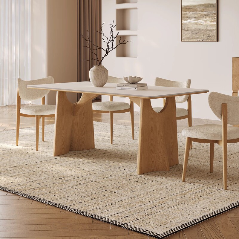 Natural Wood Color Solid Wood Dining Table and Chairs 2026 New Model for Home Use, High-End Rectangular Japanese-Style Cream-Colored Slate Dining Table