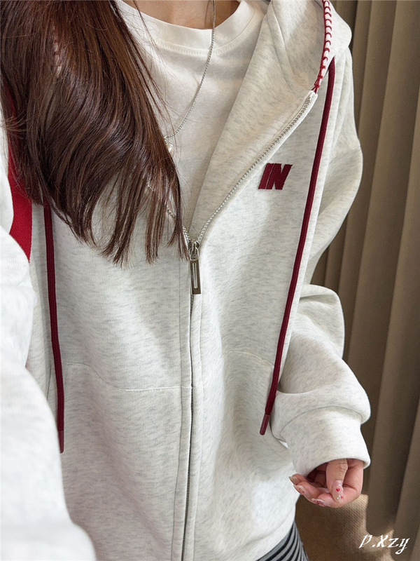 016 慵懒风连帽卫衣女秋季新款撞色刺绣字母女士开衫拉链外套宽松|undefined