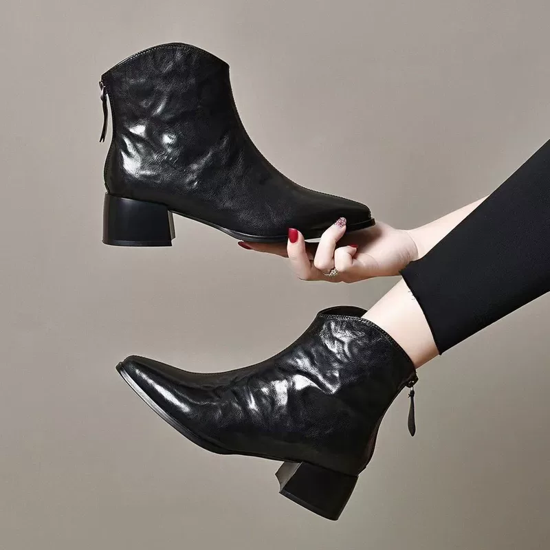 Universal low boots pointy toe, fleece chain with zipper, fitted