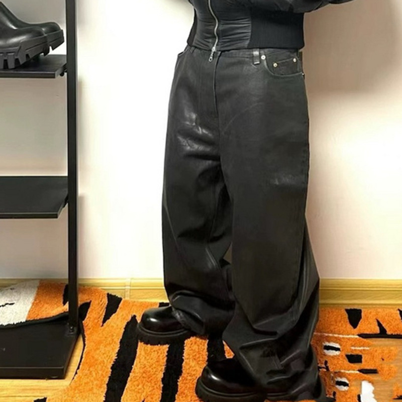 Ro Style Dark High Street Black Waxed Coated Silhouette Jeans Unisex Straight American Neutral Long Pants Trendy