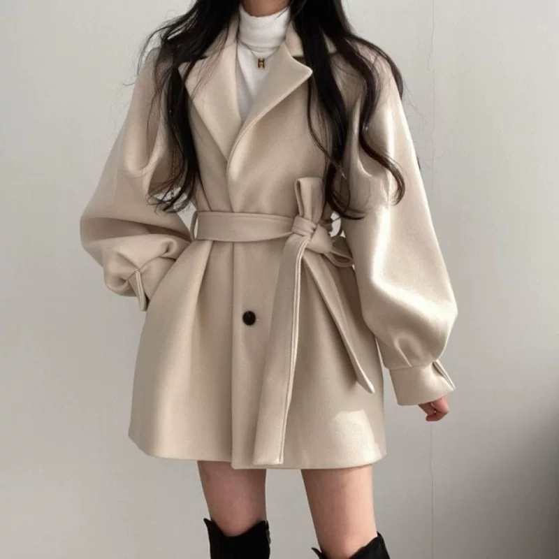 Демисезонный trench coat, длинный костюм, шерстяное пальто, куртка, корейский стиль, свободный крой, повышенная толщина, средняя длина, для подростков