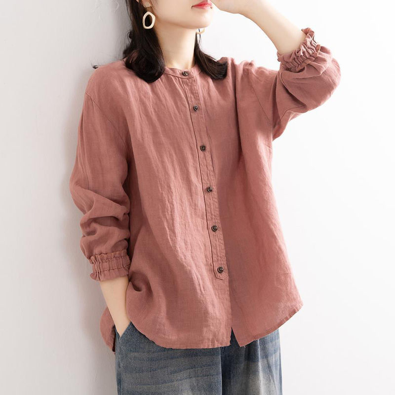 Literary Retro Cotton and Linen Shirt Women's Long-sleeved 2021 Autum Loose Round Neck Top Plus Size Women's Casual Shirt