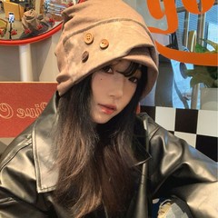 时髦拼接纽扣堆堆帽子女春秋季街头百搭套头帽韩版显脸小包头帽潮