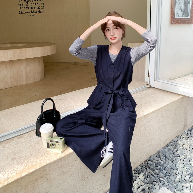 超火收腰马甲阔腿裤套装女春秋三件套韩系超火减龄ootd穿搭老钱风|undefined