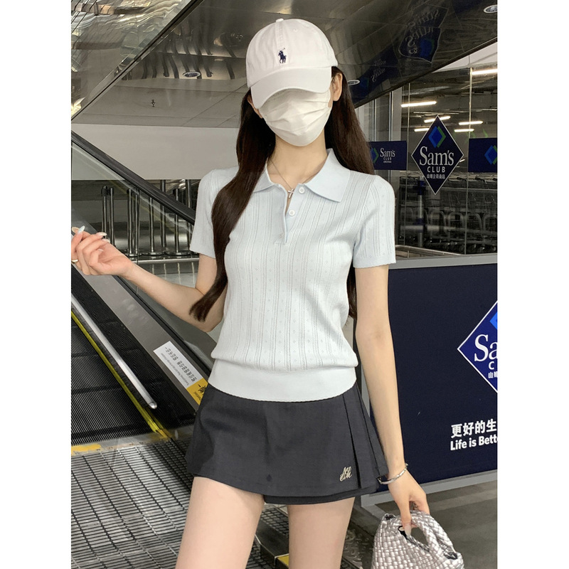 ポロカラーボタンジャカードセーター半袖レディース夏ミュウシリーズ右肩ラペルTシャツデザインボトムストップ|undefined