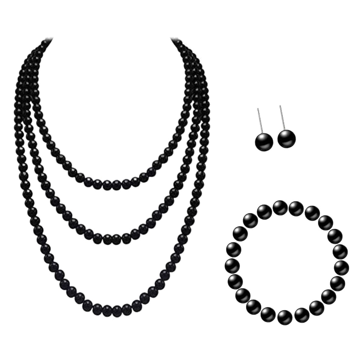 Amazon hot selling European and American fashion 8mm imitation pearl sweater chain pearl necklace bracelet earrings three-piece suit