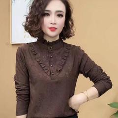 秋冬の新型レトロなジャカードの薄い毛の保温の長袖のtシャツの中年のお母さんの服の洋風の立襟の底のシャツの上着