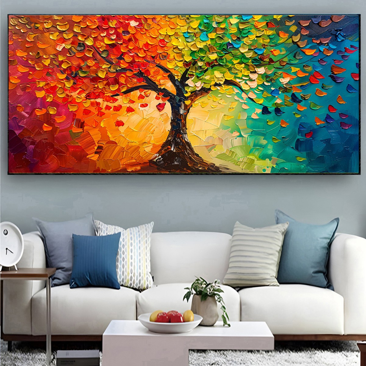 Poster Landscape Painting, Money Tree Hand-Painted Thick Oil Visual Decoration, Wall Minimalist Frameless Decorative Painting for Living Room and Bedroom