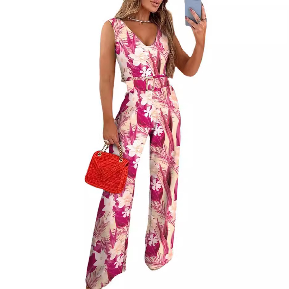 Amazon transfronteriza estilo europeo y americano nuevo verano de las mujeres impresas con cuello en V sin mangas SLIM-Fit sexy jumpsuit Pants
