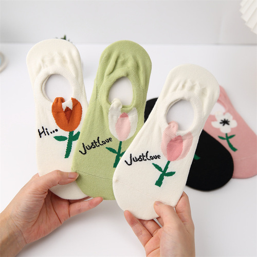 Spring and summer socks, women's socks, thin style with silicone shallow boat socks for women, cute tulip low-top ins style women's socks