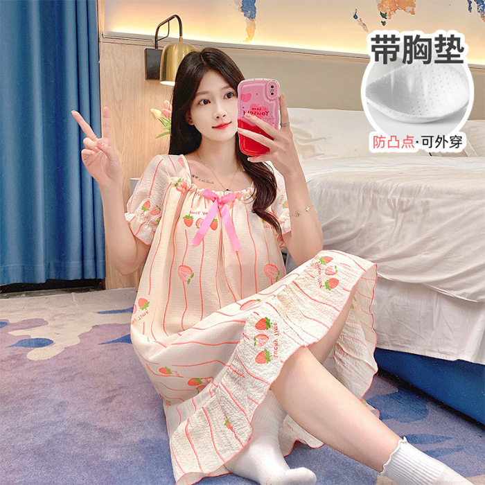 Verano con cojín de pecho espuma pijama de niña de manga corta media y larga ropa de dormir de estudiantes frescos dulces ropa de casa princesa