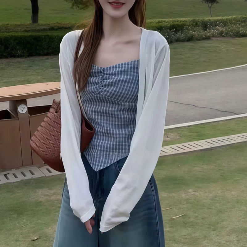 2025夏季辣妹风设计感格子不规则显瘦吊带背心防晒衫时尚套装|undefined