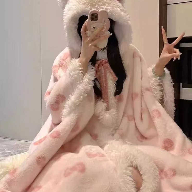 Cute Girl Soft Girl Bow Coral Velvet Hooded Nightgown Pajamas Winter 2025 New Velvet Warm Cloak