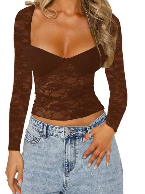Лонг-sleeve кружевной кроп-топ, европейский стиль, женский slim fit (черный/красный, S–L)