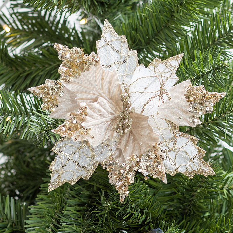 金色21cmシミュレーションスパンコールクリスマス花ベルベットクリスマスツリー装飾装飾品ペンダント赤いdiy装飾花|undefined