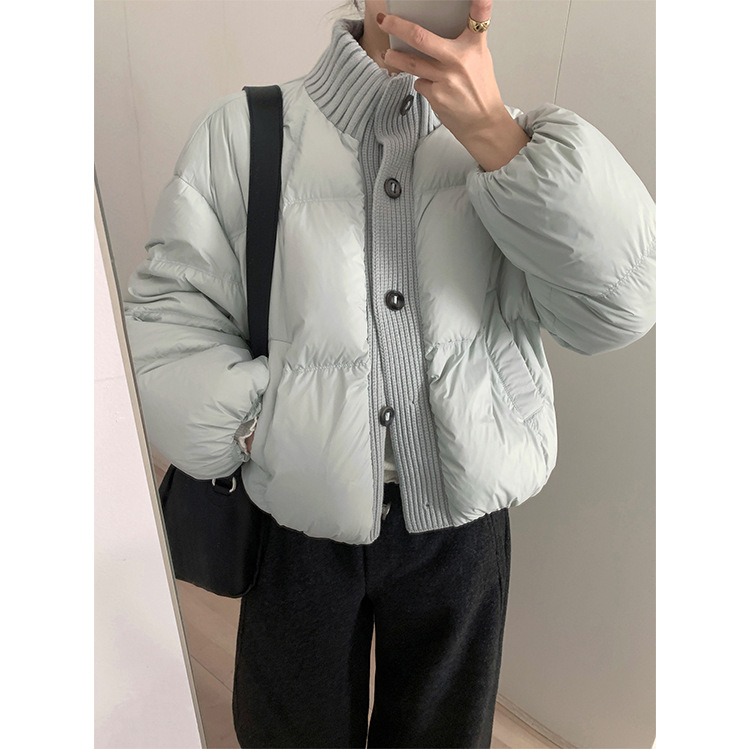 TG 冬日轻盈保暖高领毛织拼缝羽绒面包服女2025新款系扣外套26040