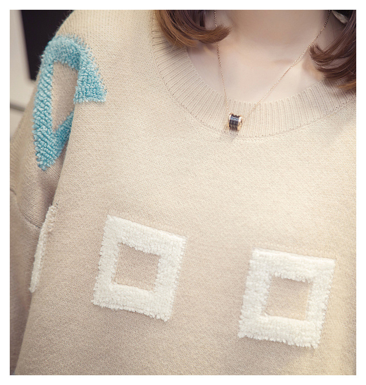 毛巾绣提花针织衫女 韩版宽松显瘦套头毛衣慵懒风圆领毛衣外套厚