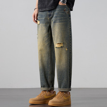 2025夏季薄款复古港风黄泥九分破洞宽松直筒微锥形牛仔裤男272