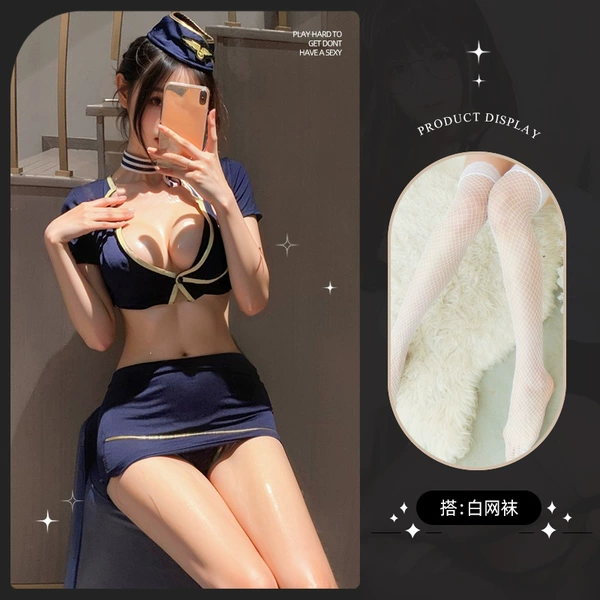 Stewardess uniform set + white fishnet stockings