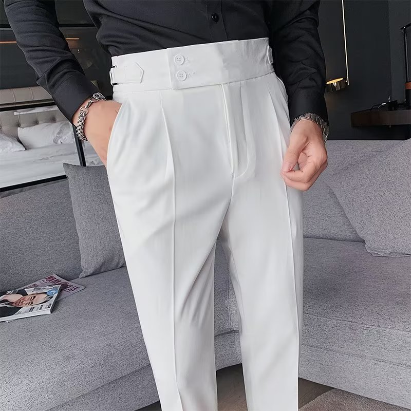 Nápoles traje pantalones de los hombres de estilo coreano slim fit pantalones ajustados otoño retro de cintura alta de negocios de color sólido pantalones casuales rectos