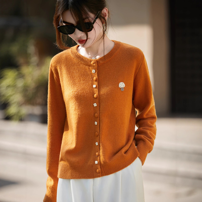 Autumn New Round Neck Button Knitted Cardigan Women's Korean Casual Style Top Embroidered Mushroom Long Sleeve Sweater Jacket