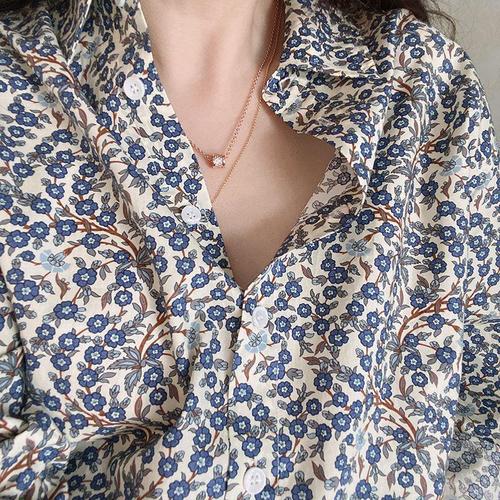 French-style niche literary retro blouse, new vine pattern floral print loose plus-size slimming tunic top long-sleeved shirt
